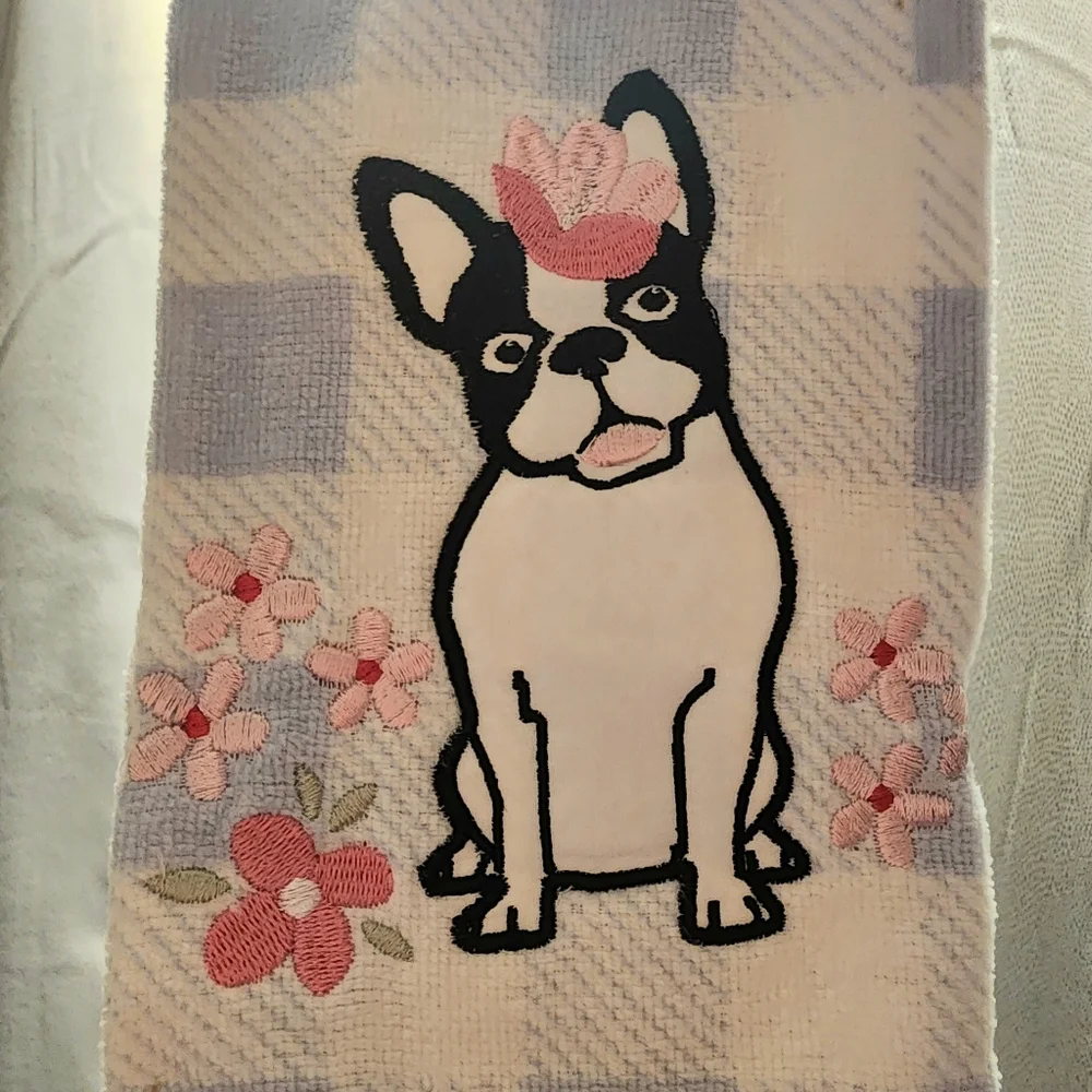 Embroidered Hand Towel French Bulldog Boston Terrier Blue White NWT